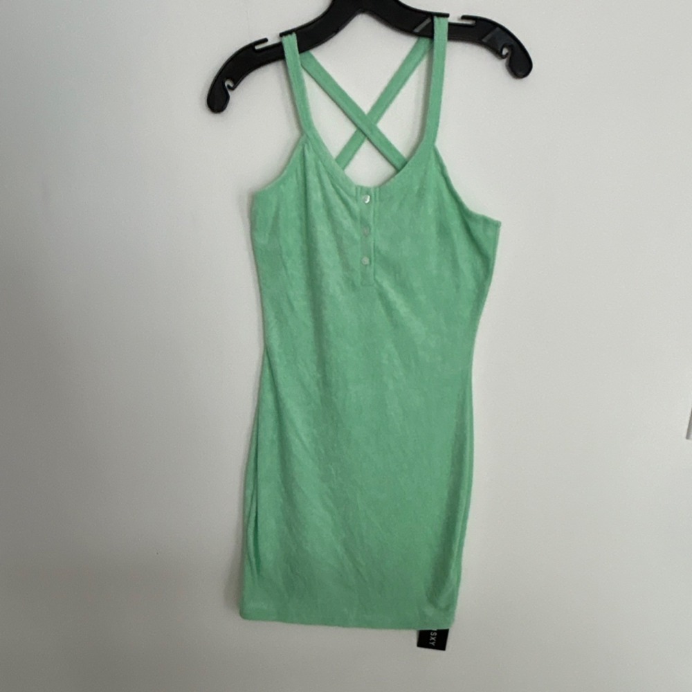 Green Terry Strappy Sleeveless Mini Bodycon Dress/ suit cover up Lightweight